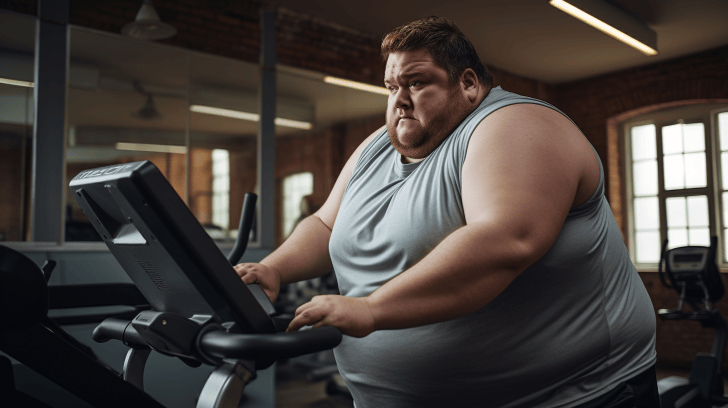 chubby man in his mid 30s working out on treadmill