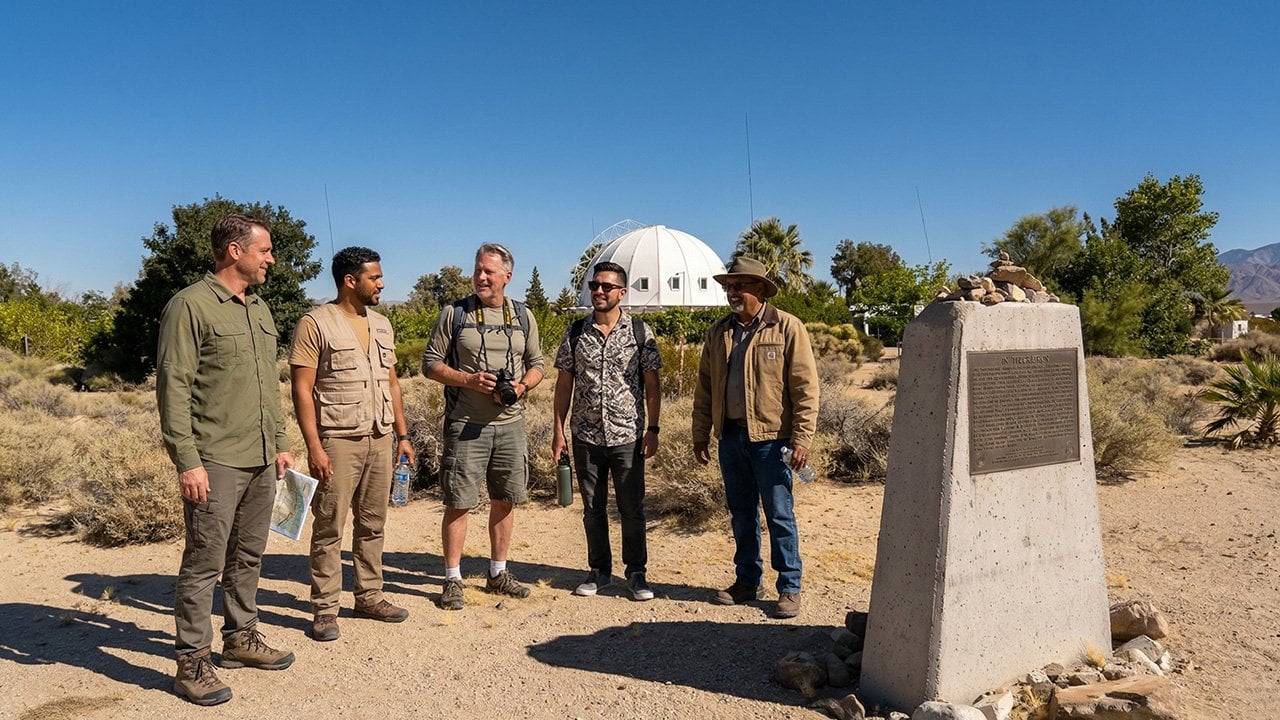 Group of guys standing near the Integratron dome in Joshua Tree California desert