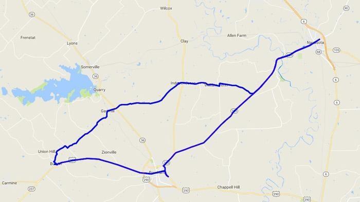 novasota burton texas motorcycle trip map