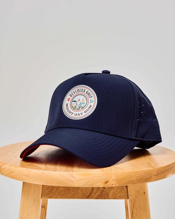 Navy Barbados Hat A-frame snapback with the Devereux Golf and Mount Gay Rum patch and red underbill