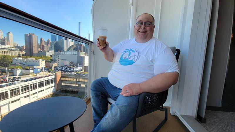 james on balcony seat