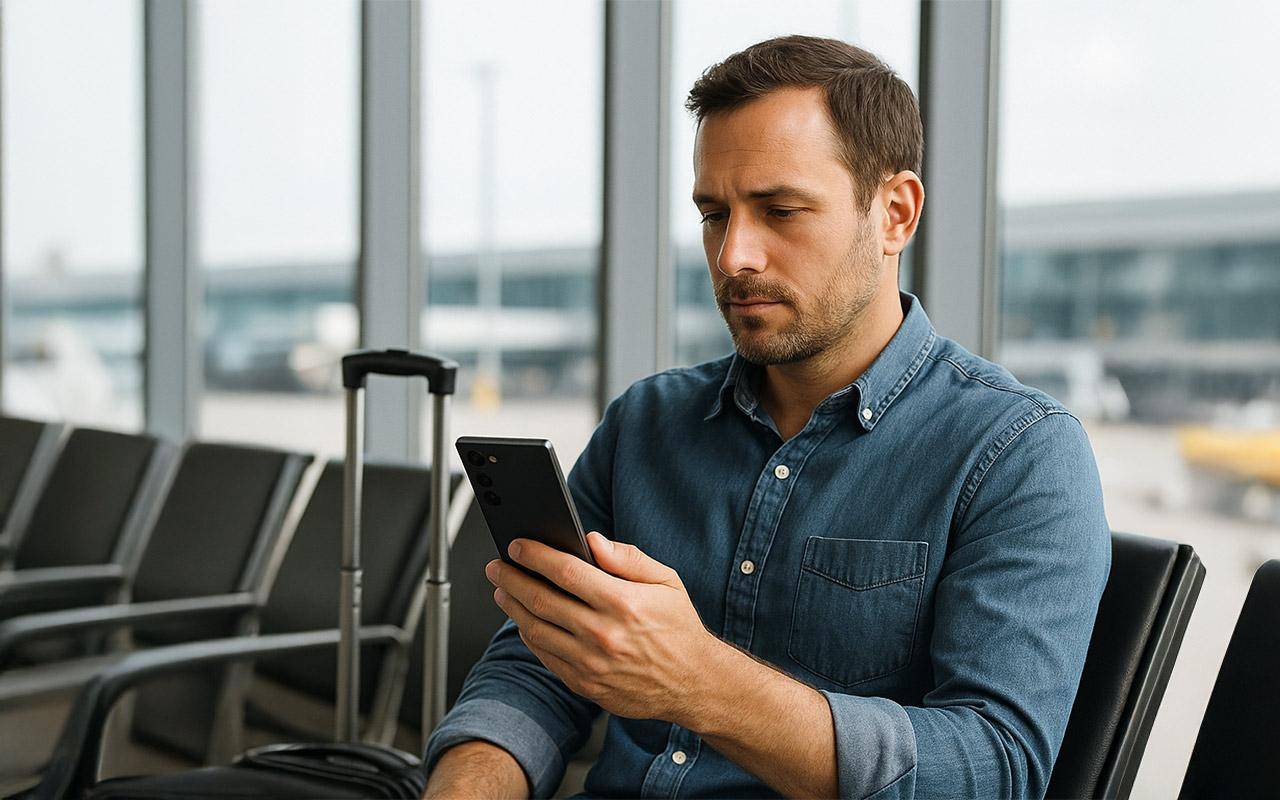 man playing an online casino game while waiting for his plane