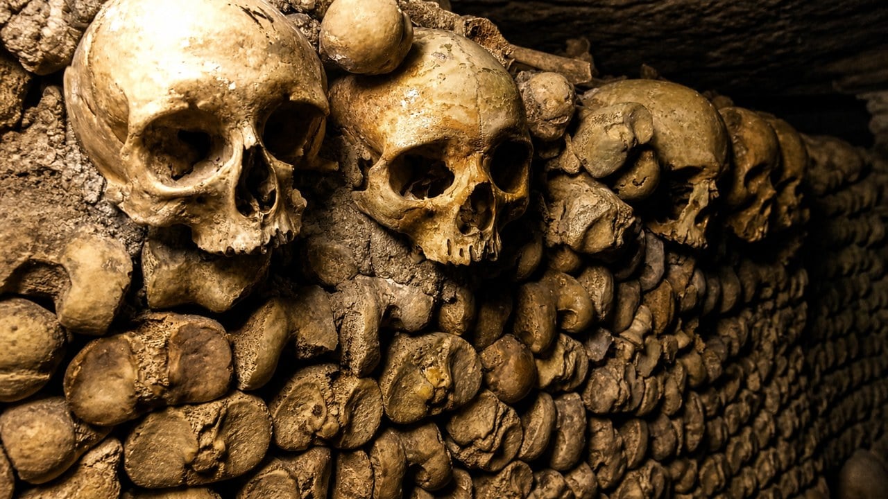 Wall of skulls and stacked bones in the Paris Catacombs ossuary