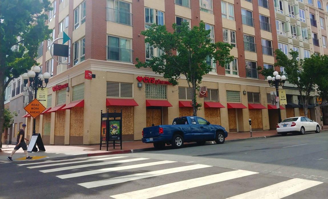 boarded up shops due to the 2020 riots in san diego