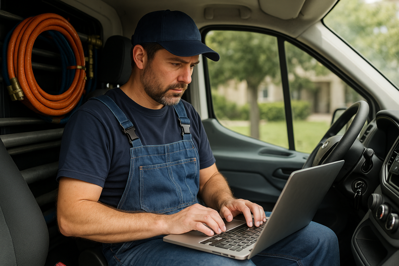 plumber working in his van 