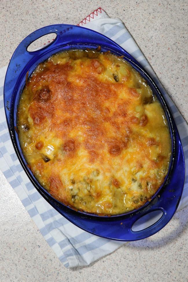 pork and potato southwest caserole recipe with green chilis and chedder jack cheese