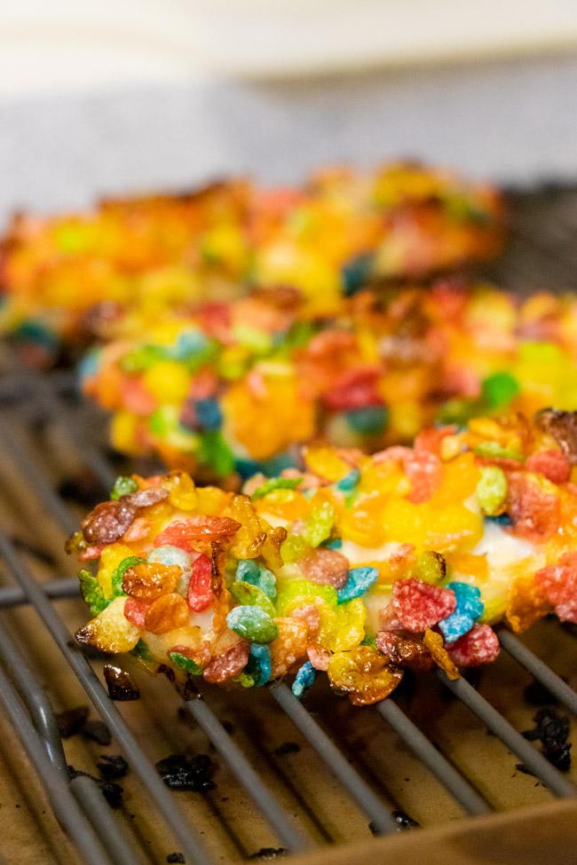crunchy rainbow chicken tenders on baking rack