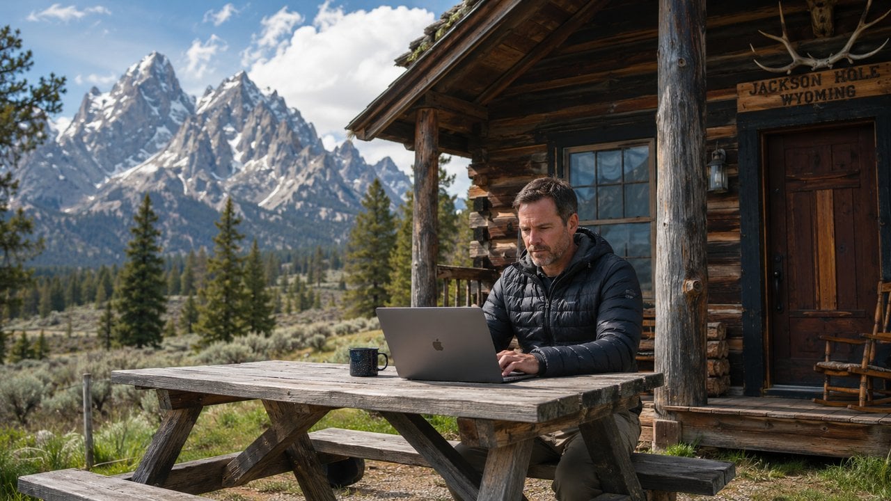 Man working on a laptop at a picnic table outside a cabin in Jackson Hole, Wyoming with the Teton range behind him