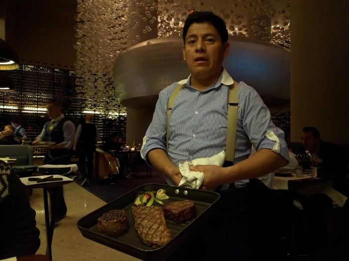 server with steaks skillet
