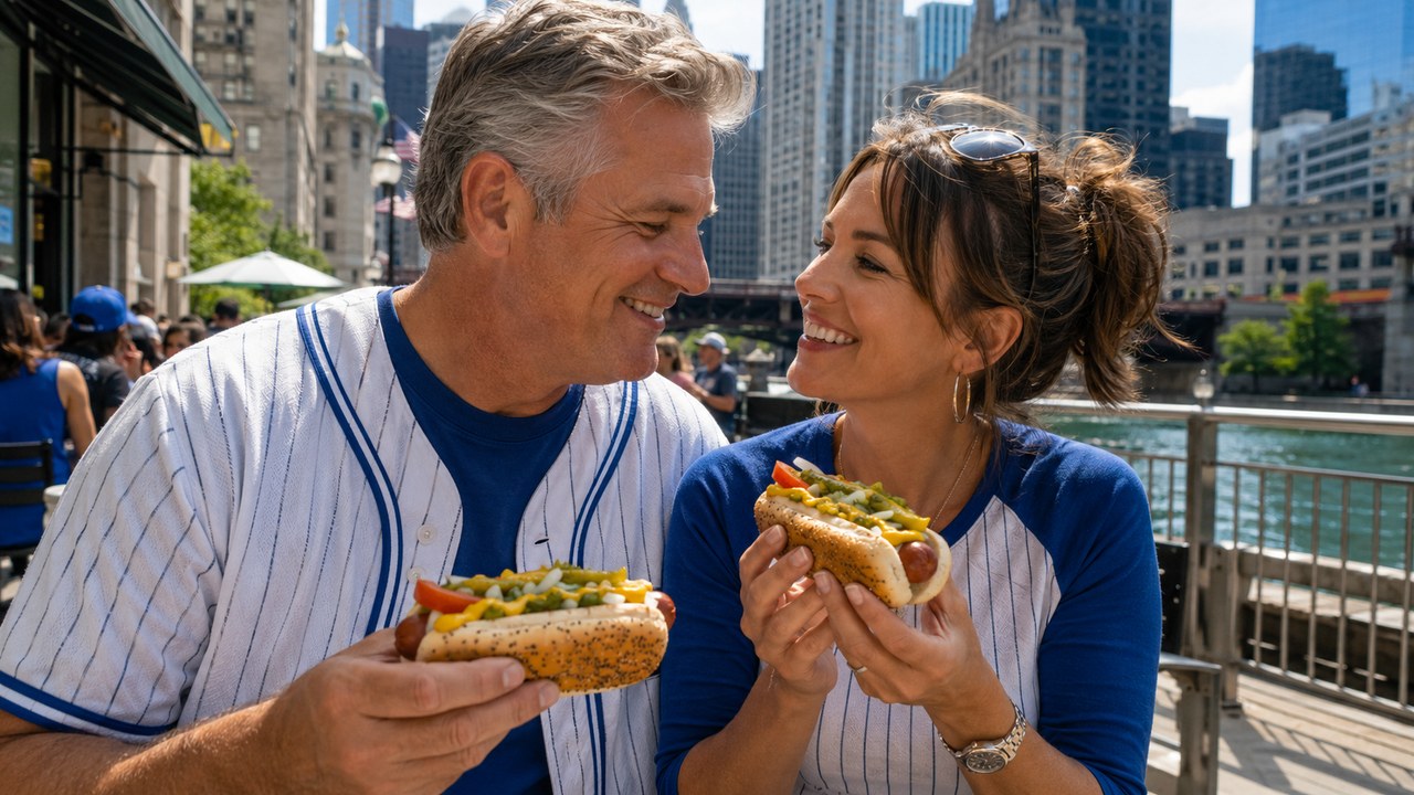 Couple in Cubs jerseys sharing Chicago-style hot dogs along the Chicago Riverwalk