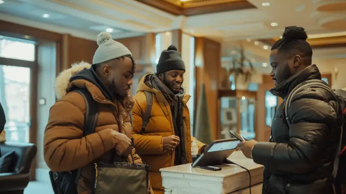 men trying to check into a hotel