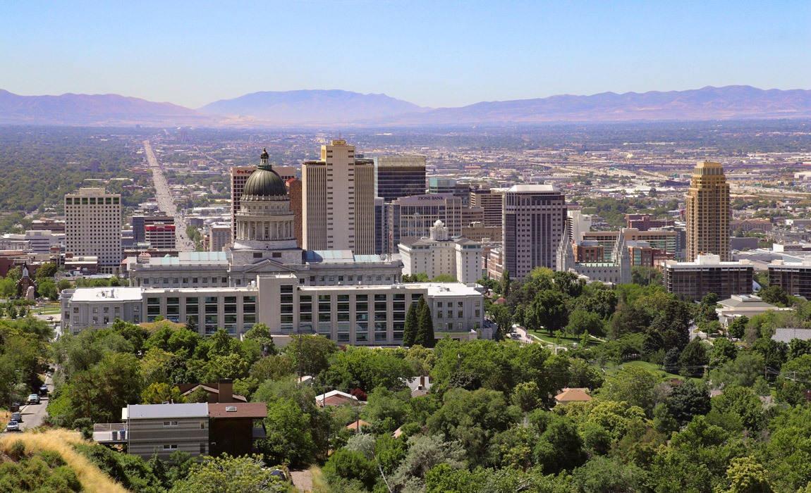 Salt Lake City scenic view of Utah State House and Temple Square