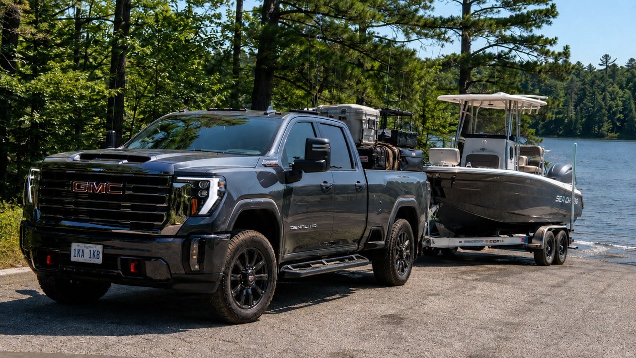 A dark gray GMC Sierra Denali HD pickup towing a center-console fishing boat on a tandem trailer at a tree-lined northern Michigan lake boat ramp