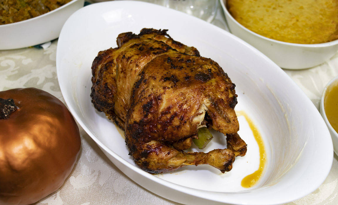 rotisserie chicken in serving dish