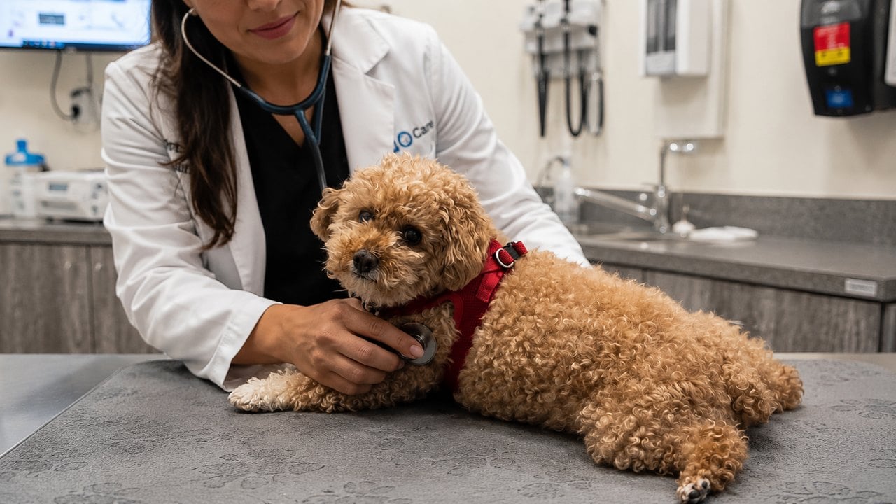 A veterinarian listens to a small senior dog's chest with a stethoscope during a checkup