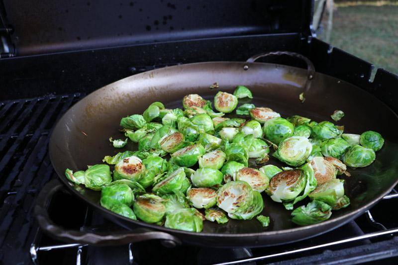 paella pan with brussles sprouts