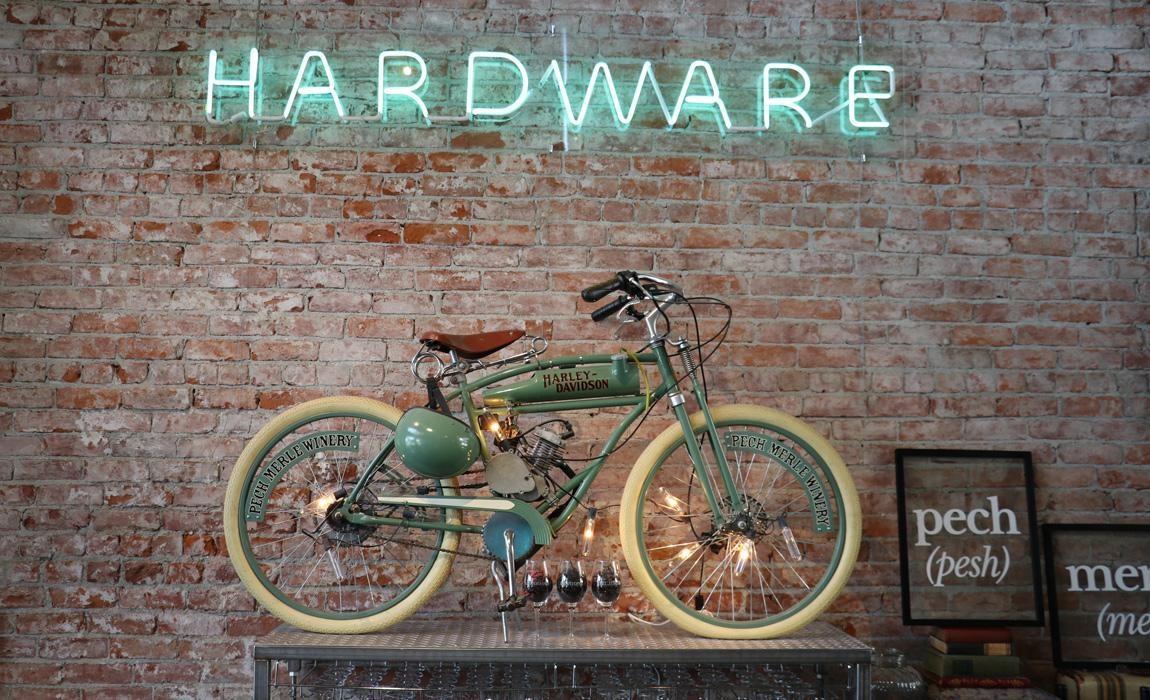 Classic Harley Davidson Motorcycle hanging at Pech Merle Winery 