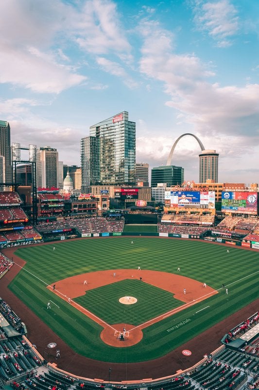 Busch Stadium Cardinals game with Gateway Arch in the background, St. Louis Missouri