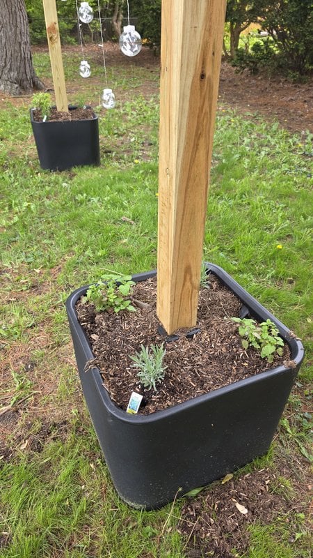 Close-up of the Step2 Firefly planter base with lavender mint and other bug-repellent herbs planted around the 4x4 wood post