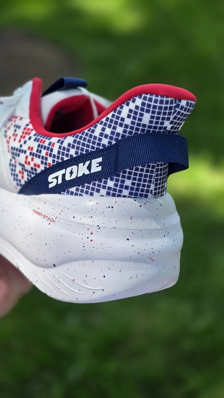 Close-up of the Stoke FO-MO 2Fiddy heel showing the thick POWER-STACK cushioned outsole and the navy heel pull strap