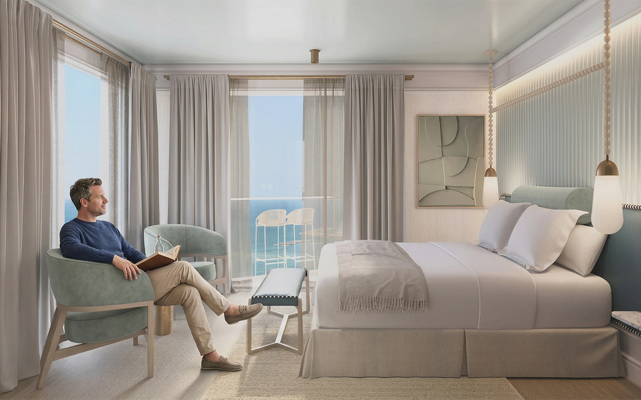 Boutique hotel guest room in Tel Aviv with seaside view