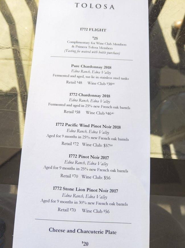 wine tasting menu tolosa winery