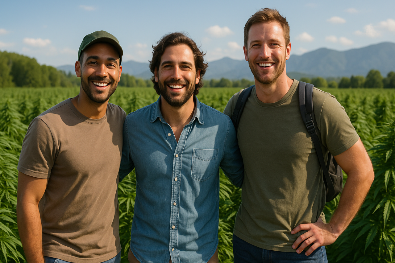 guys in a cannabis field on a guys trip