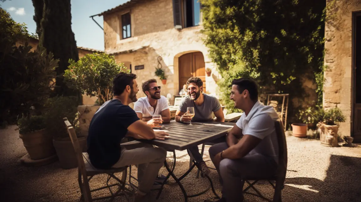 group of guys enjoying wine on a beautiful day in Tuscany