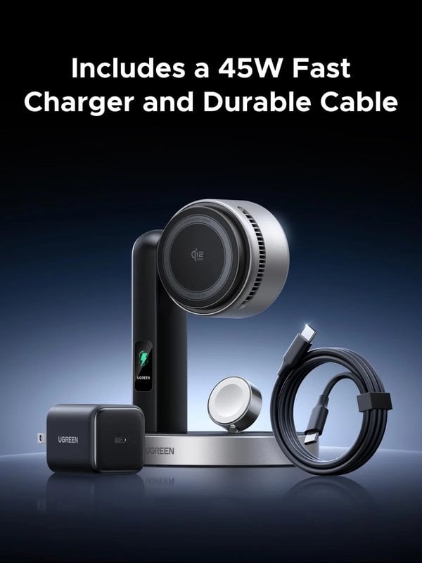 The UGREEN MagFlow Pro stand with its included 45W USB-C wall charger and USB-C cable