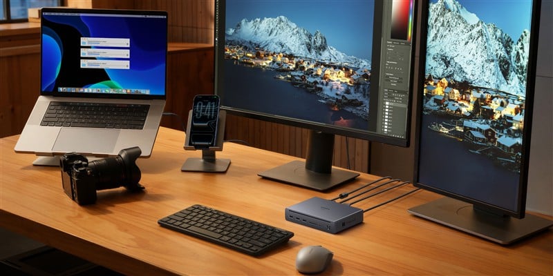 UGREEN Revodok Maxidok Thunderbolt 5 Docking Station on a minimal desk setup with laptop and dual monitors