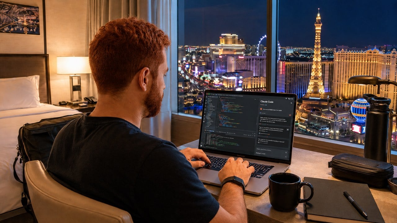 Man working on a laptop in a Las Vegas hotel room at night with the Strip skyline lit up outside the window