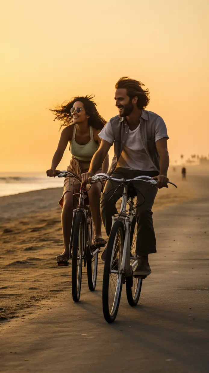 couple working to rekindle their relationship on a beach bike ride