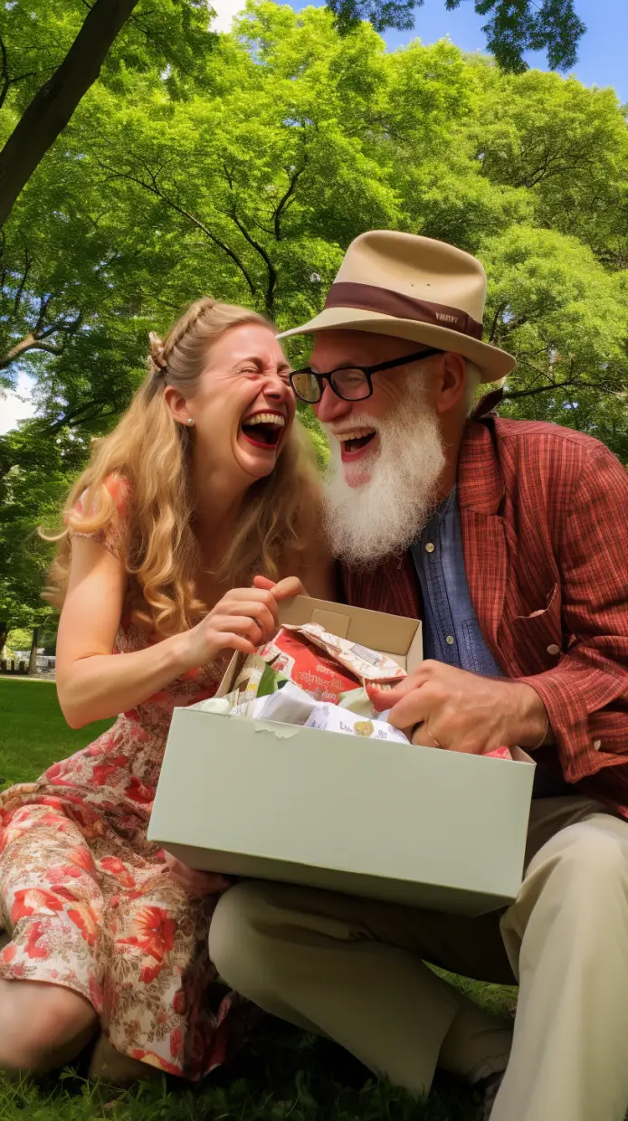 older couple having fun in a park picnic with a surprise box
