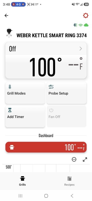 Weber Connect app showing the Kettle Smart Ring connected, with grill modes, probe setup and fan controls on screen