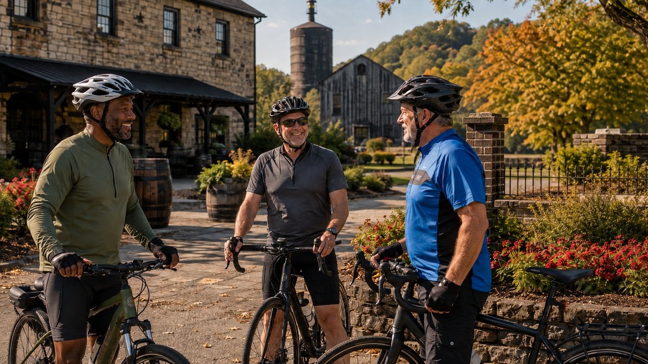 guys on a bike tour stopped outside a bourbon distillery