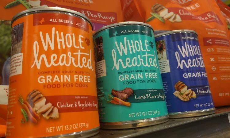 bags and cans of Wholehearted dog food