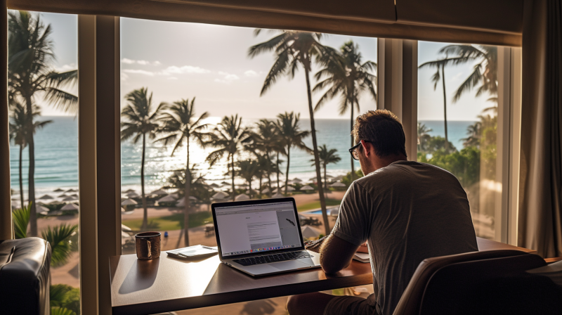 man working on his laptop in hotel room on the beach