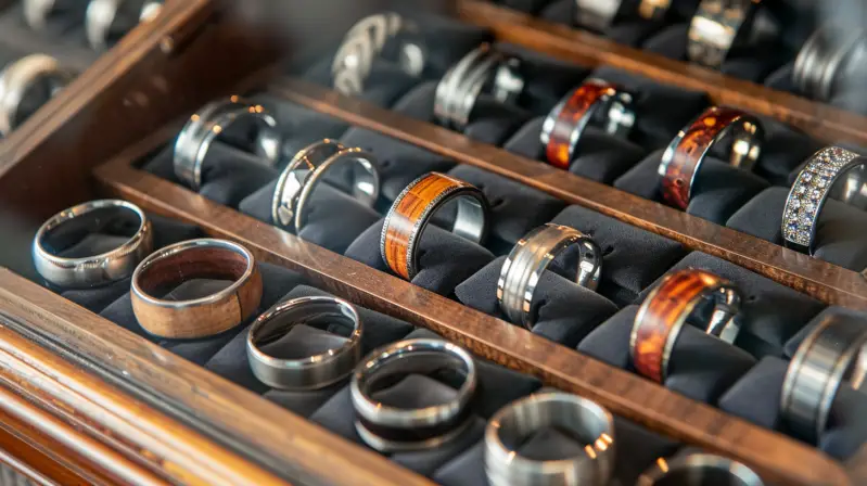 variety of metal and wood wedding bands