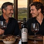 A father and son share steaks and a bottle of DAOU Soul of a Lion at a Paso Robles winery at sunset
