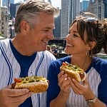 Couple in Cubs jerseys sharing Chicago-style hot dogs along the Chicago Riverwalk