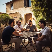 group of guys enjoying wine on a beautiful day in Tuscany