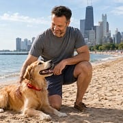 A dad kneeling beside his golden retriever on a Chicago lakefront beach