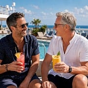 Two men with non-alcoholic drinks relaxing by the pool on a cruise ship deck