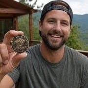 man holding a custom Catskills bachelor party challenge coin at a mountain cabin