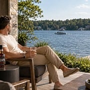 A dad relaxing in a chair by the lake with a glass of Cedar Ridge bourbon