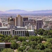 Salt Lake City scenic view of Utah State House and Temple Square
