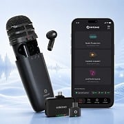 HISONG AirStudio S1 wireless microphone with monitoring earbud, USB-C receiver, and the HISONG Link app open on a phone