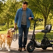 A dad walking his dog past a three-wheel electric cargo trike on a tree-lined park path