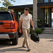 A dad carrying a black leather weekender bag from an orange SUV at a modern lake house