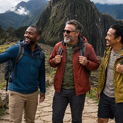 Three men on the stone path at Machu Picchu with the citadel ruins and Huayna Picchu behind them